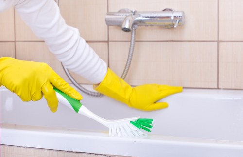 Cleaning products and protective gear arranged safely